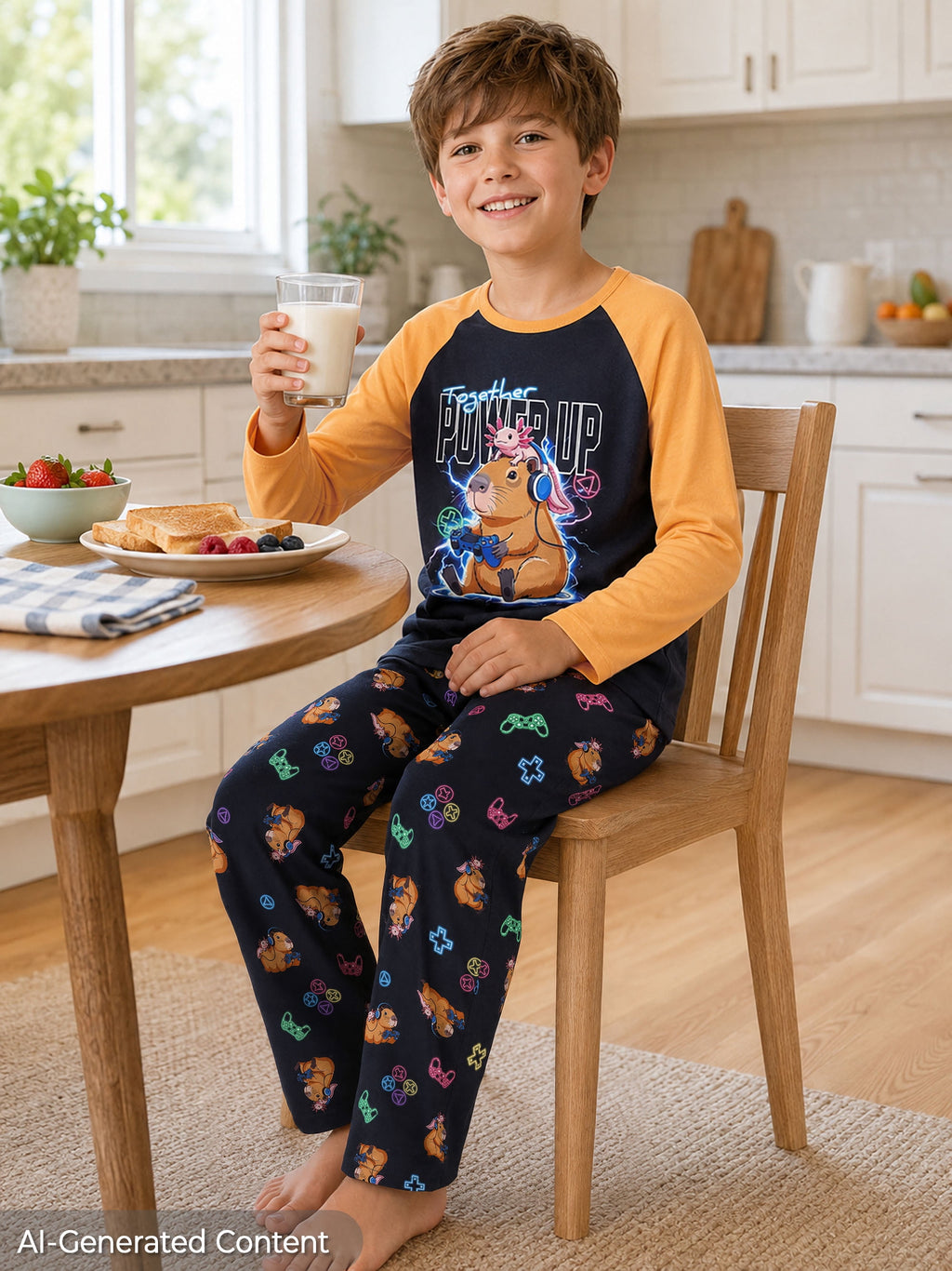Beezizac Boys’ 2-Piece Long Sleeve Pajama Set – Sports, Gaming & Character Prints – Black Orange "Power Up" Capybara & Axolotl