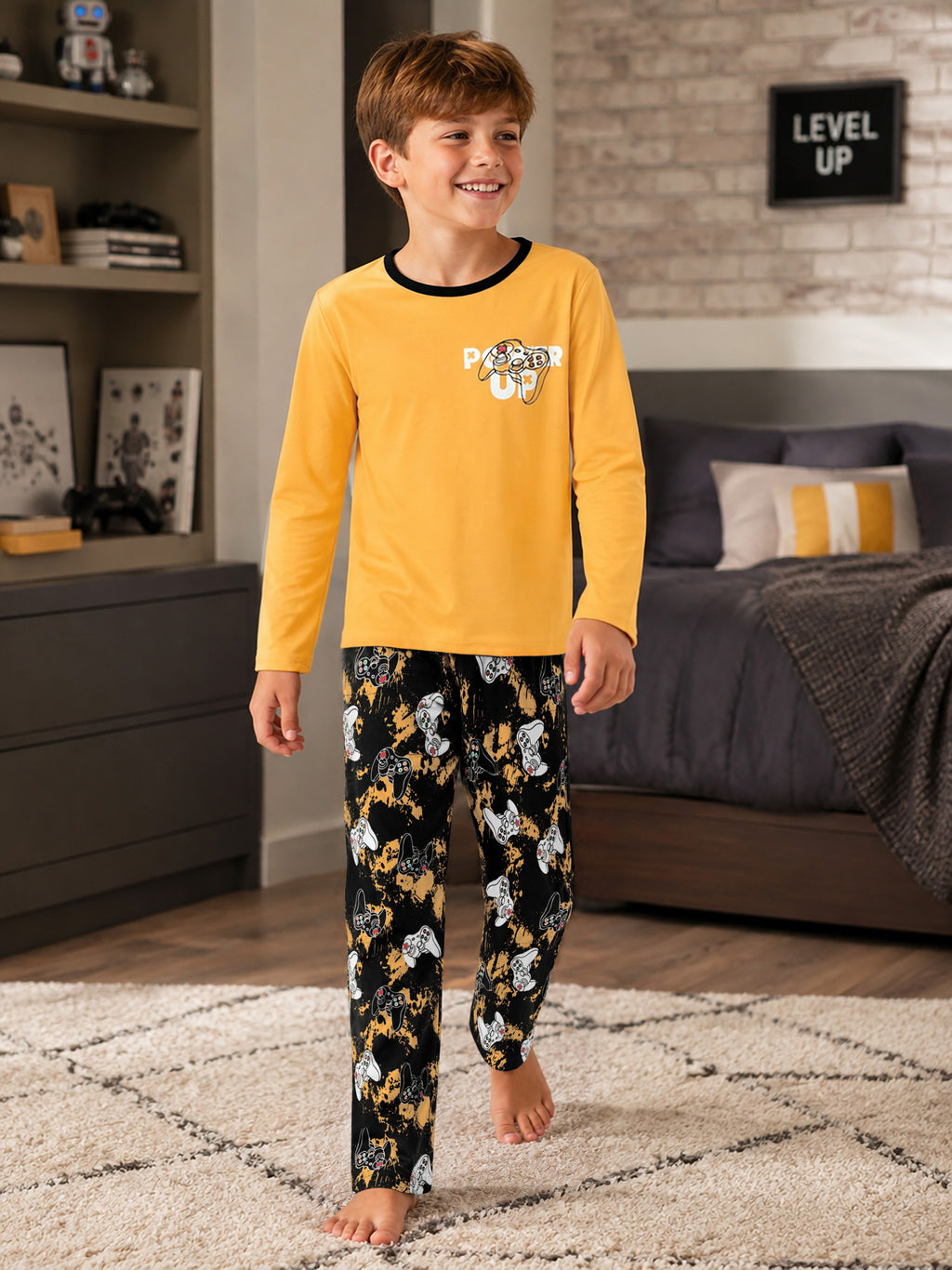 Beezizac boys pajama set — Yellow‑Black Game Controller