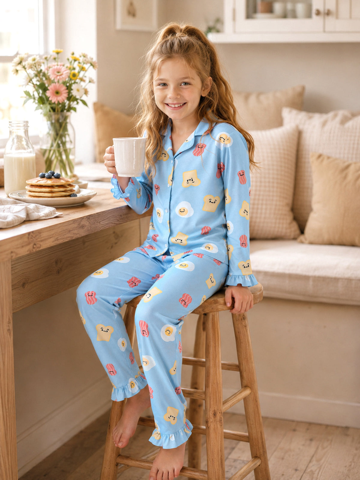 Beezizac Girls’ Long Sleeve Button-Down Pajama Set – Assorted Prints – Light Blue Cartoon Toast Bacon Fried Egg (Long sleeves & Long Pants)