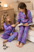 Beezizac Girls’ Long Sleeve Button-Down Pajama Set – Assorted Prints – Gradient Pink Purple Blue Leopard (Long sleeves & Long Pants)